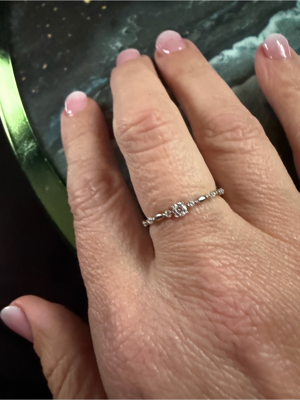 Delicate Silver moissanite Stackable Ring - Pink Accent